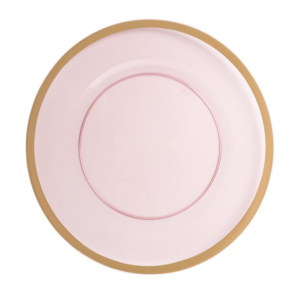 EcoQuality 13" inch Round Pink Plastic Charger Plates with Gold Rim - China Like Party Plates, Heavy Duty Large Disposable Dinner Plates, Reusable Salad Plate, Wedding, Catering, Dinnerware (44 Pack)
