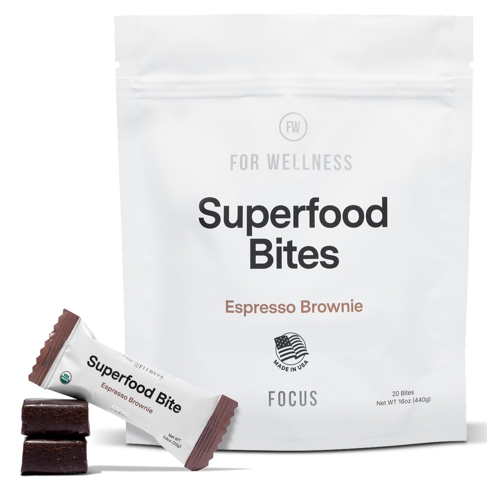 For Wellness Superfood Bites Focus | Healthy Snacks for Adults and Kids | Organic, Healthy Snack with Nootropics for Energy and Brain Food | Cocoa Espresso Brownie Bites, 20 Count