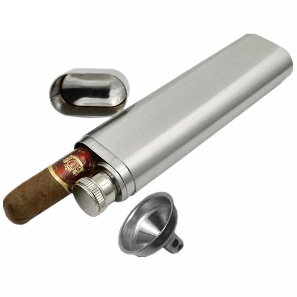 CNFLASK Stainless Steel 1-Finger Cigar Case with 2oz Tube Flask Metal Cigar Tube Pocket Cigar Holder