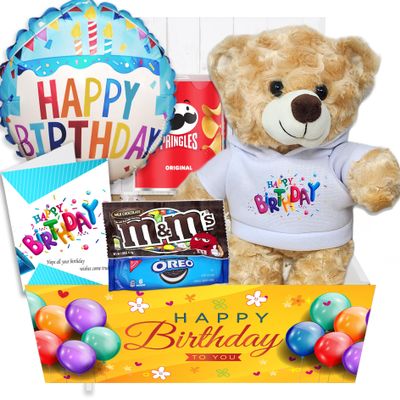Birthday Gift Basket | Care Package for kids w/Teddy Bear, Happy Birthday Balloon & Greeting card, Candy & Snacks. The ultimate variety gift box for boy, girl, teenager, Grandson or Granddaughter