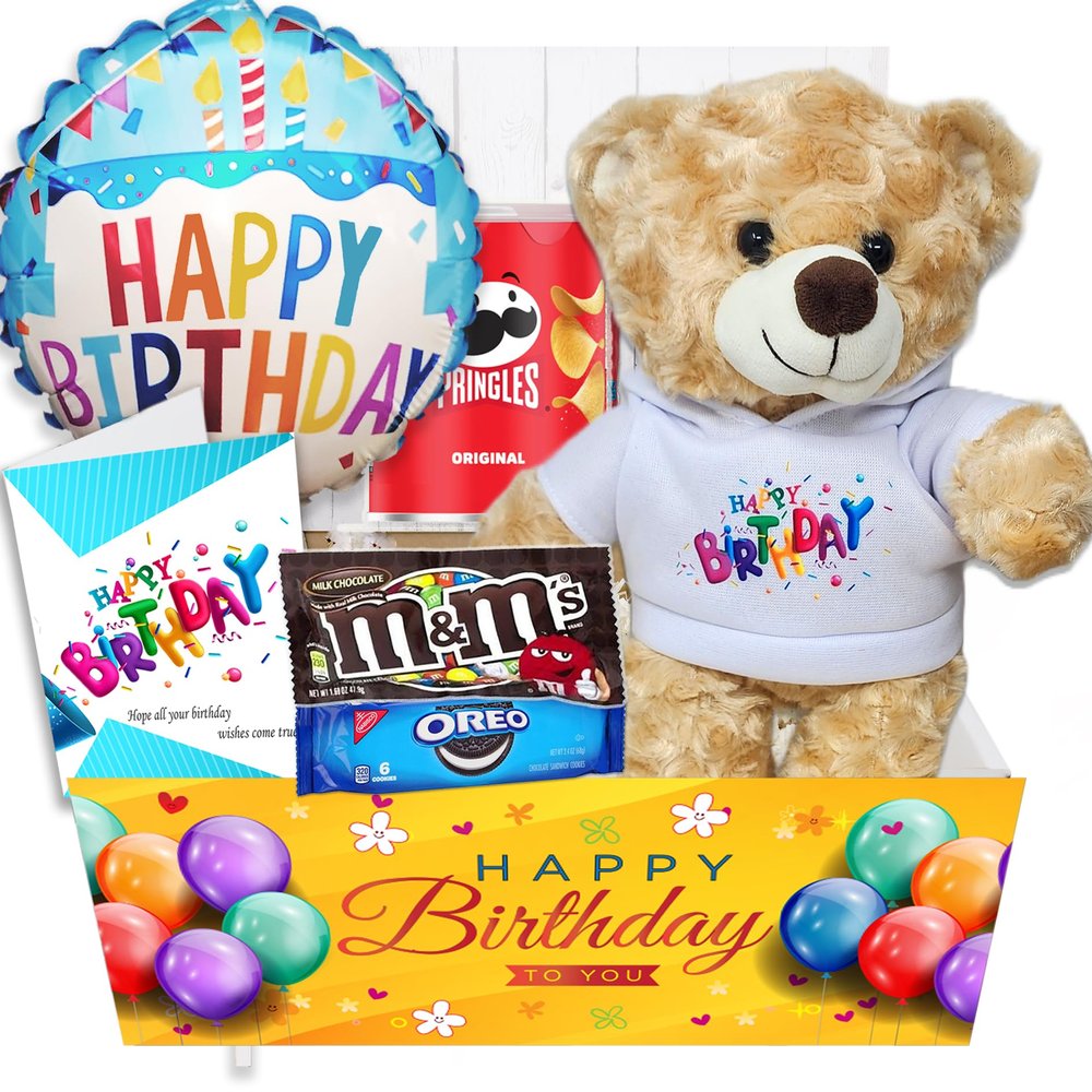 Birthday Gift Basket | Care Package for kids w/Teddy Bear, Happy Birthday Balloon & Greeting card, Candy & Snacks. The ultimate variety gift box for boy, girl, teenager, Grandson or Granddaughter
