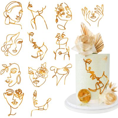 12 Pcs Acrylic Lady Face Cake Topper Minimalist Art Happy Birthday Cake Toppers Women Wedding Cake Decoration for Wedding Birthday Party (Gold)