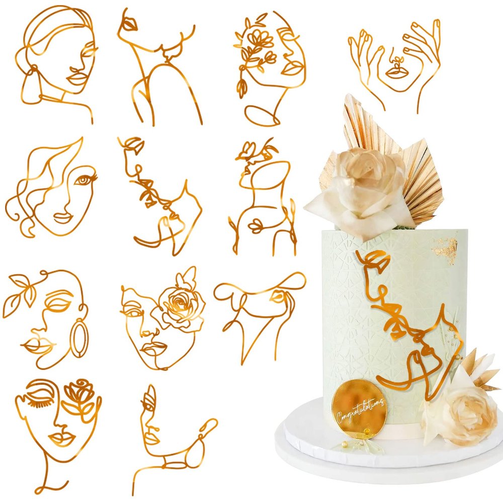 12 Pcs Acrylic Lady Face Cake Topper Minimalist Art Happy Birthday Cake Toppers Women Wedding Cake Decoration for Wedding Birthday Party (Gold)