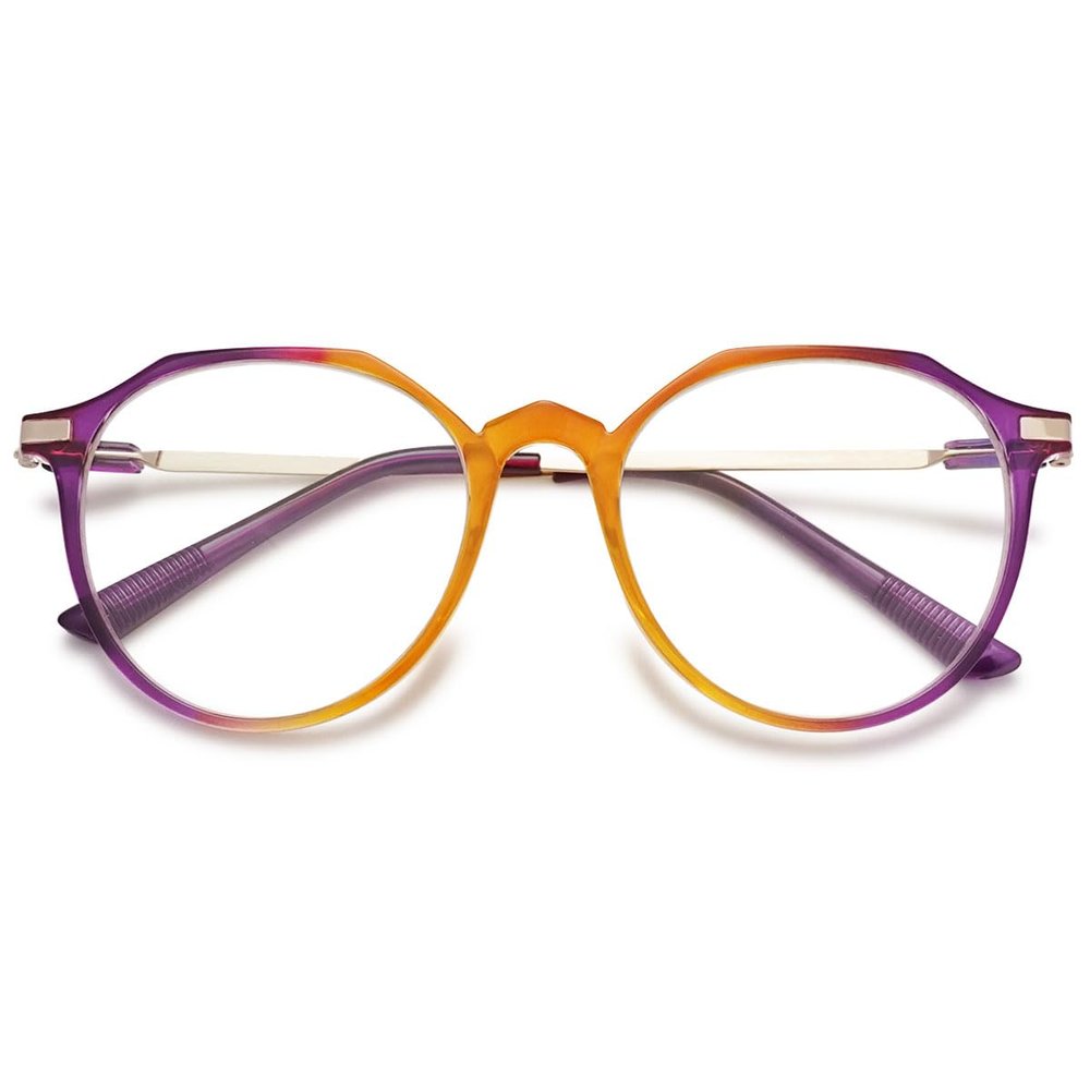 KOOSUFA Stylish Round Reading Glasses +4.00 Blue Light Blocking Women Men Polygon Metal Legs Computer Readers Eyeglasses, 1x Yellow purple