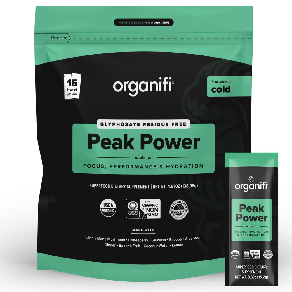 Organifi Peak Power, Pre Workout Powder to Support Hydration, with Lion's Mane and Guayusa