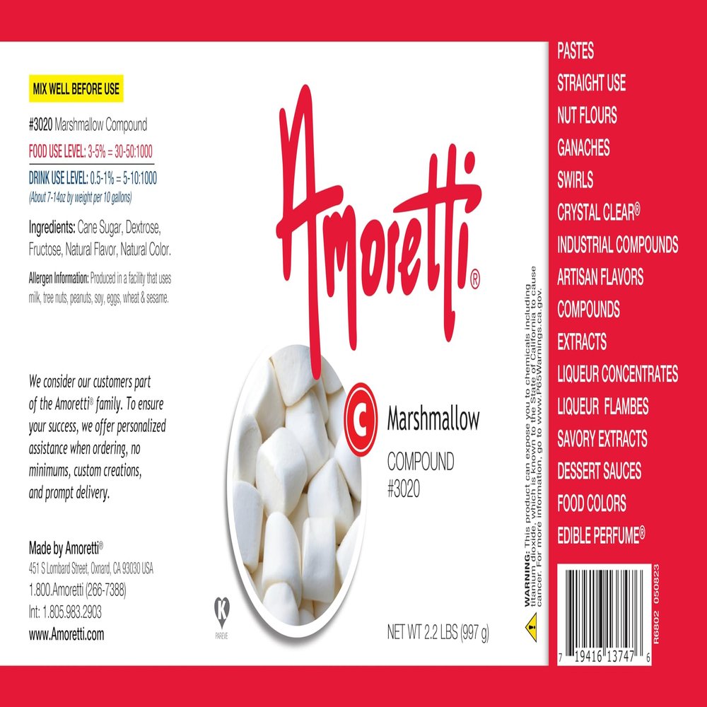 Amoretti - Marshmallow Compound 2.2 lbs - Natural Flavors, Shelf Stable Even After Opening, Certified Kosher, TTB Approved, Perfect for Baking Applications & Beverages