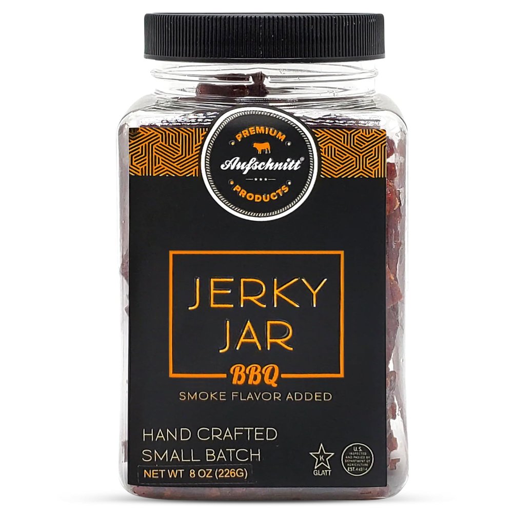Aufschnitt Meats Beef Jerky Jar - Grass Fed Beef - Kosher and Keto Friendly - Gift Idea - 8 oz Jar, BBQ