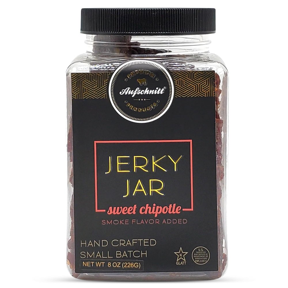 Aufschnitt Meats Beef Jerky Jar - Grass Fed Beef - Kosher and Keto Friendly - Gift Idea - 8 oz Jar, Sweet Chipotle
