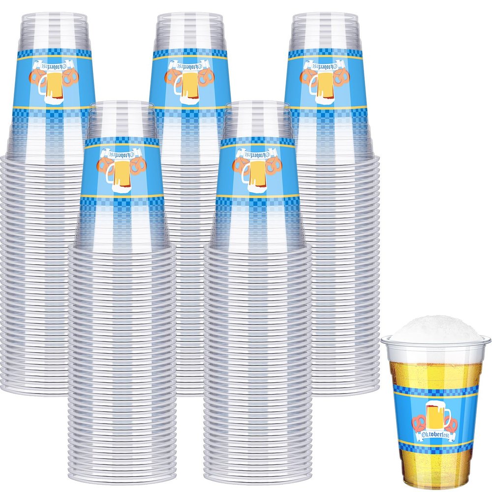 Dandat 200 Pcs 16 oz Oktoberfest Plastic Cups Bulk Disposable Clear Cups Beer Drinking for Oktoberfest Party Favors Home Supplies, Beverage, Beer, Juice, Wine