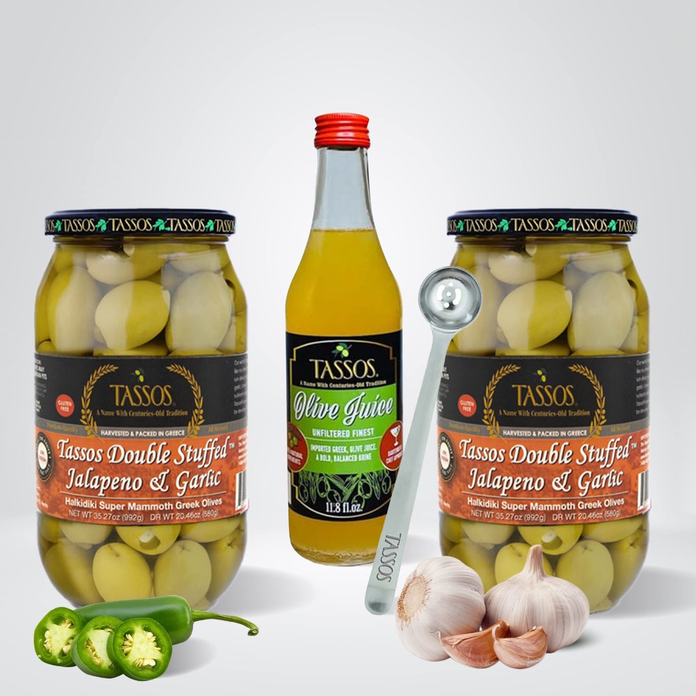 Tassos Olives Gift Set - 2/1Lt Jalapeno and Garlic Double Stuffed Olives - 11.8oz.Olive Juice - Tassos 7" Stainless Olive Spoon- 4 Tassos/Shoreline 4" Coasters