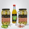 Tassos Olives Gift Set - 2/1Lt Jalapeno and Garlic Double Stuffed Olives - 11.8oz.Olive Juice - Tassos 7" Stainless Olive Spoon- 4 Tassos/Shoreline 4" Coasters view 1