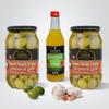 Tassos Olives Gift Set - 2/1Lt Jalapeno and Garlic Double Stuffed Olives - 11.8oz.Olive Juice - Tassos 7" Stainless Olive Spoon- 4 Tassos/Shoreline 4" Coasters view 2