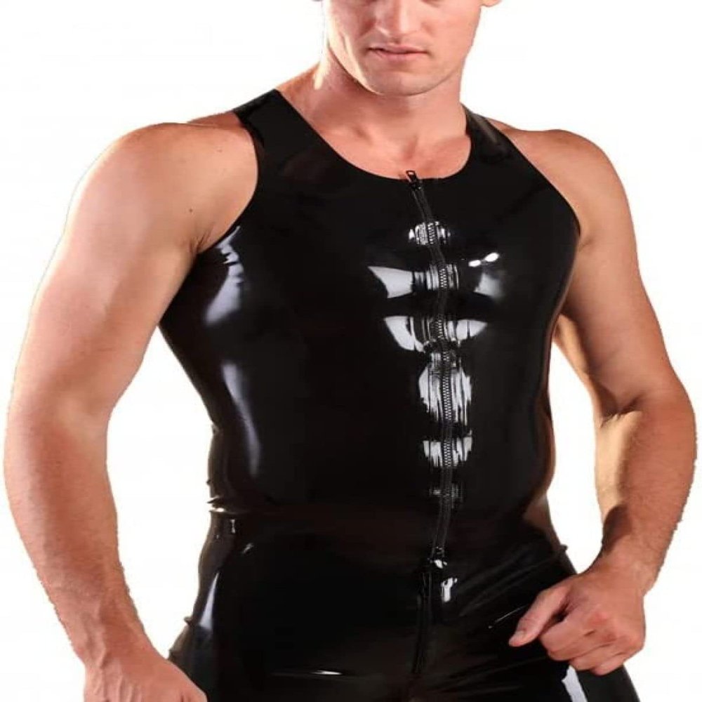 Black Latex Zip Vest for Men Latex Rubber Shirt Latex Tops,Black,X-Large