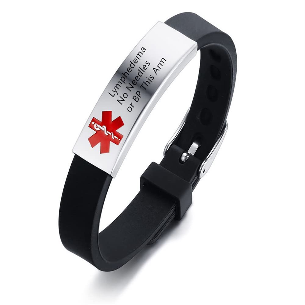 AMRECH Medical Alert Bracelets Lymphedema No Needles or BP This Arm for Men Women Silicone Adjustable Medical ID Wristband to Carry Your Emergency Medical Information, Includes an Medical Card