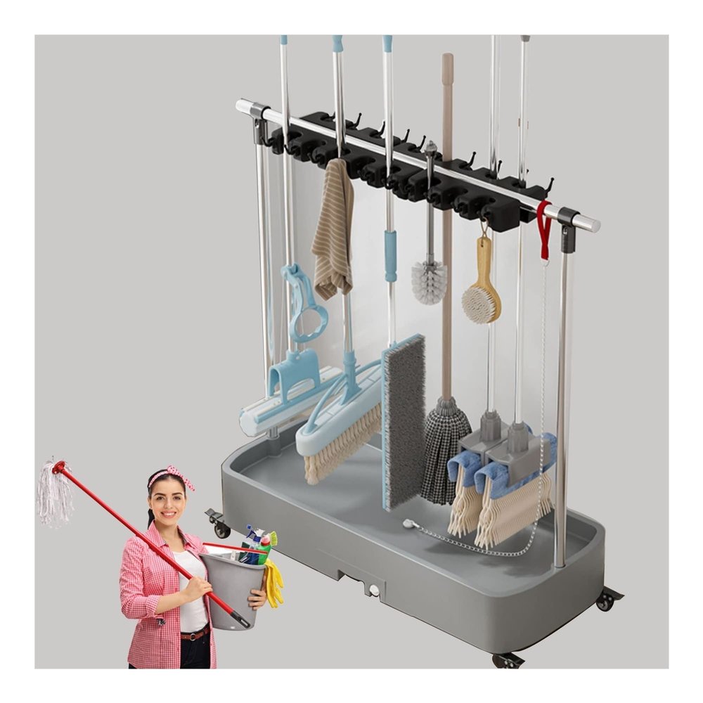Floor Standing Broom Mop Holder Put Wet Mops,Cleaning Tool Cart, Movable Commercial Mop Rack,Cleaning Supplies Organizer,Garden Tool Storage,Mop Drain Rack,for Garage,Schools,Hospitals,Factories ( Col