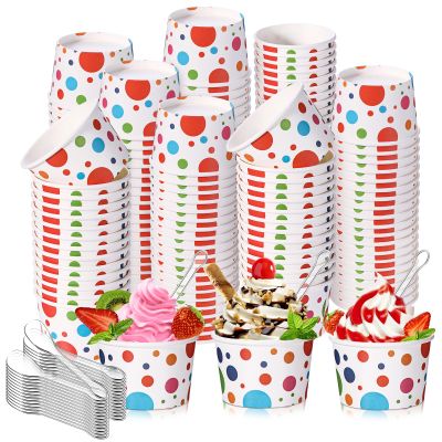Boao 200 Set 5 oz Ice Cream Cups with Spoons Disposable Paper Sundae Dessert Bowls Summer Party Supplies (Bright Style)