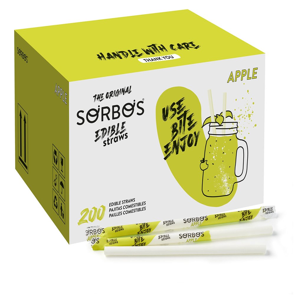 Sorbos Edible Straws, Apple Flavored, Sustainable, Individually Wrapped, No Plastic, No Allergens, No Gluten, No PFAS, Eco Friendly, 7.4 inches long (Pack of 200)