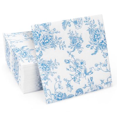 100 Pack Blue Floral Cocktail Napkins, Guest Hand Towels Disposable for Bathroom, Blue Floral Paper Napkins for Bridal and Baby Shower, Tea Party, Garden Party, Birthday Party