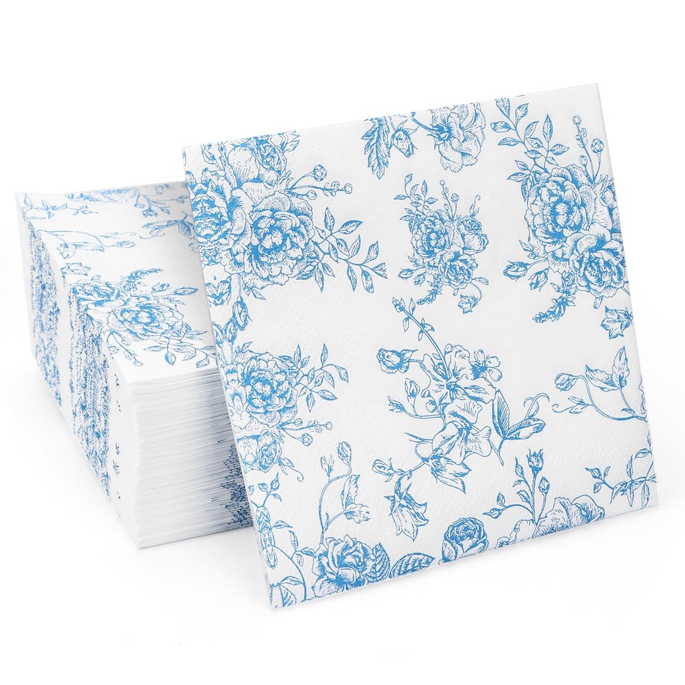 100 Pack Blue Floral Cocktail Napkins, Guest Hand Towels Disposable for Bathroom, Blue Floral Paper Napkins for Bridal and Baby Shower, Tea Party, Garden Party, Birthday Party