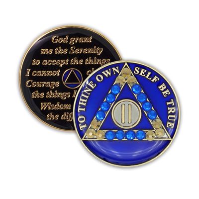 2 Year Sobriety Coin | Blue Crystallized AA Chip Medallion Recovery Anniversary Token with Serenity Prayer