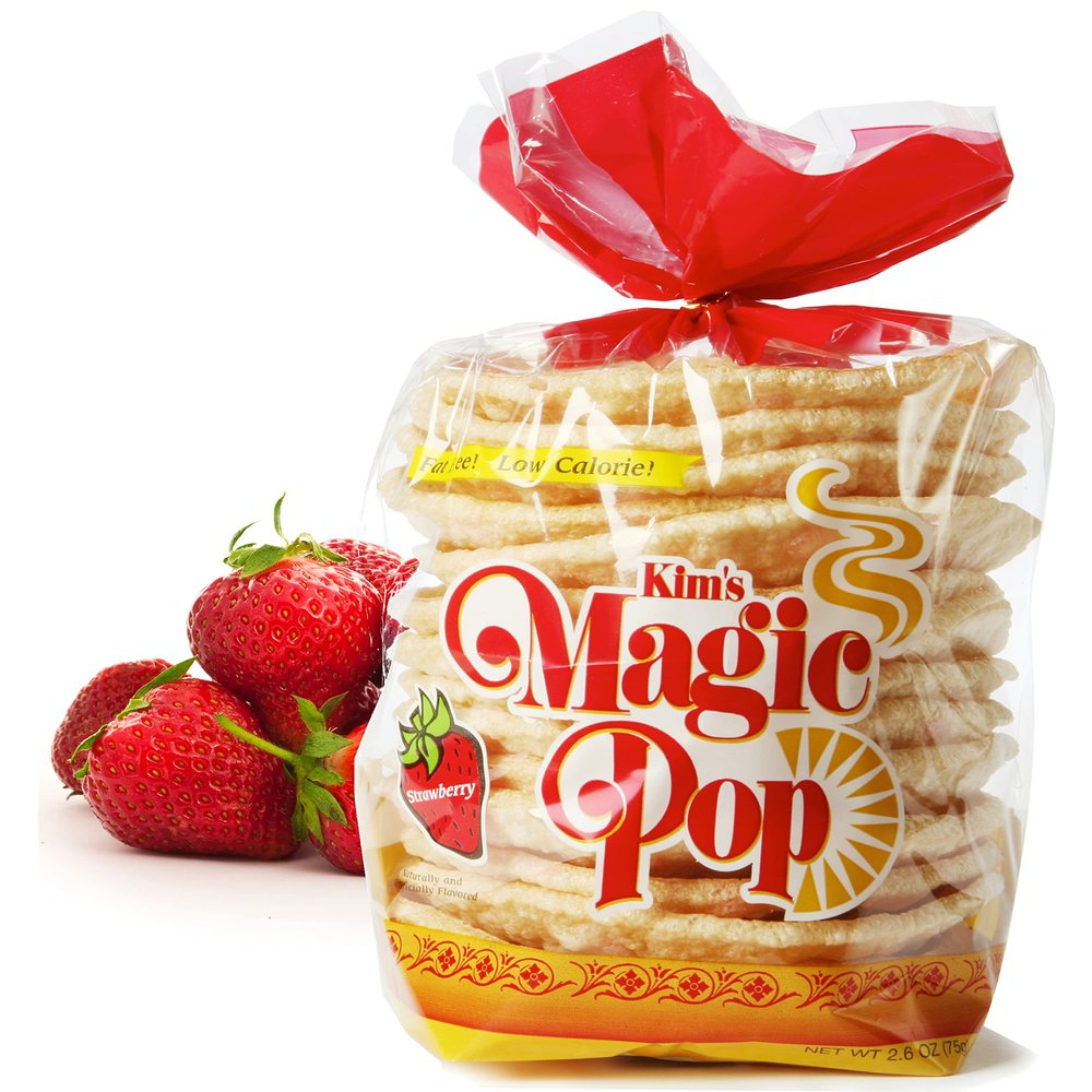 Kim's Magic Pop Freshly Popped Rice Cakes | Strawberry Flavor | 6 Bags | 15 Cakes per Bag | Low Carb, Sugar Free, Fat Free, Multigrain Korean Snack | Easy Bread, Chip, Cracker Replacement