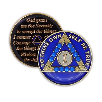 10 Year Sobriety Coin | Blue Crystallized AA Chip Medallion Recovery Anniversary Token with Serenity Prayer