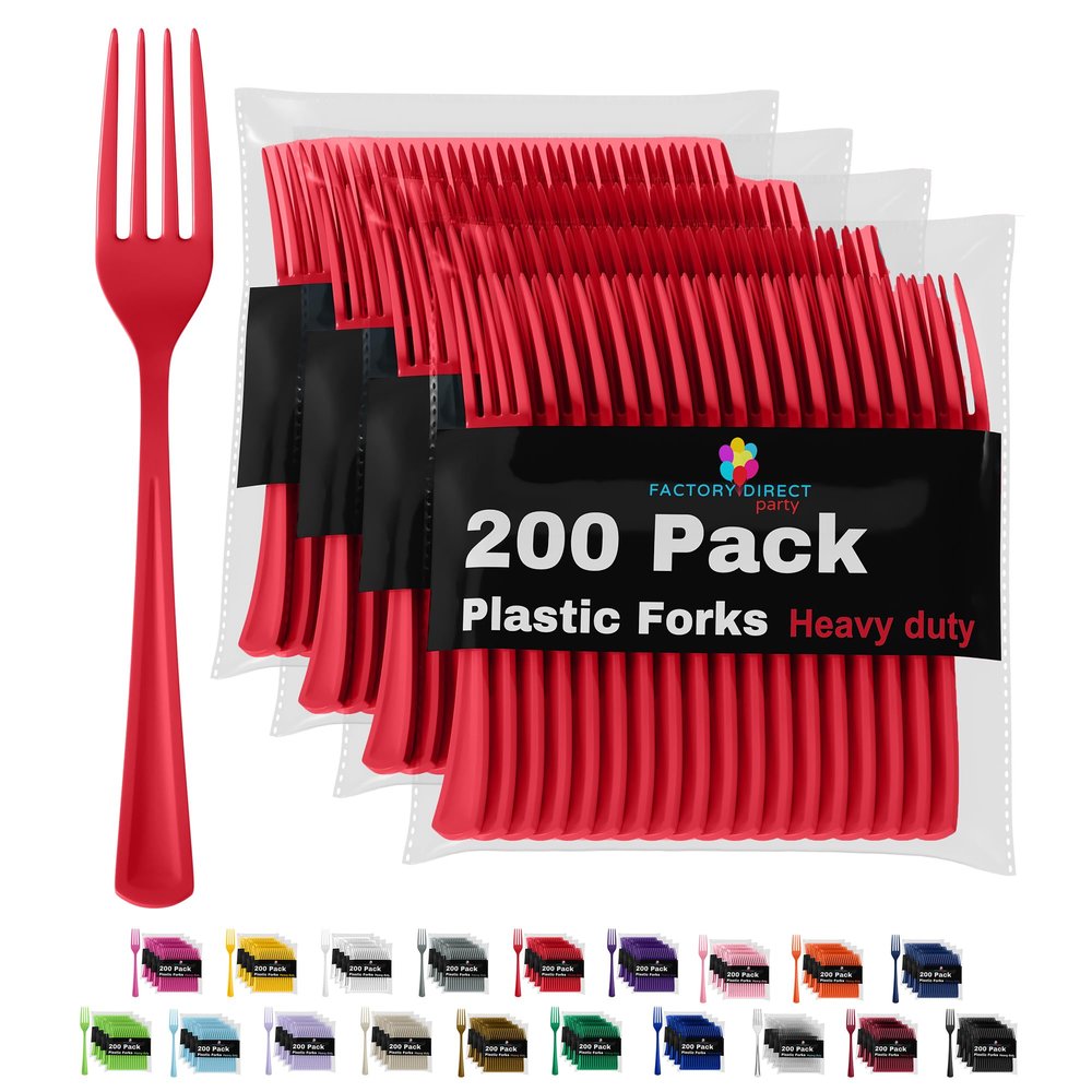 Party Solids Red Plastic Forks 200 Pieces Red Forks Disposable Utensils Heavy Duty Plastic Cutlery Set Disposable Cutlery Sets Flatware Sets Silverware Set Party Supplies & Party Tableware