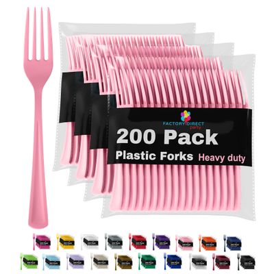 Party Solids Pink Plastic Forks 200 Pieces Pink Forks Disposable Utensils Heavy Duty Plastic Cutlery Set Disposable Cutlery Sets Flatware Sets Silverware Set Party Supplies & Party Tableware