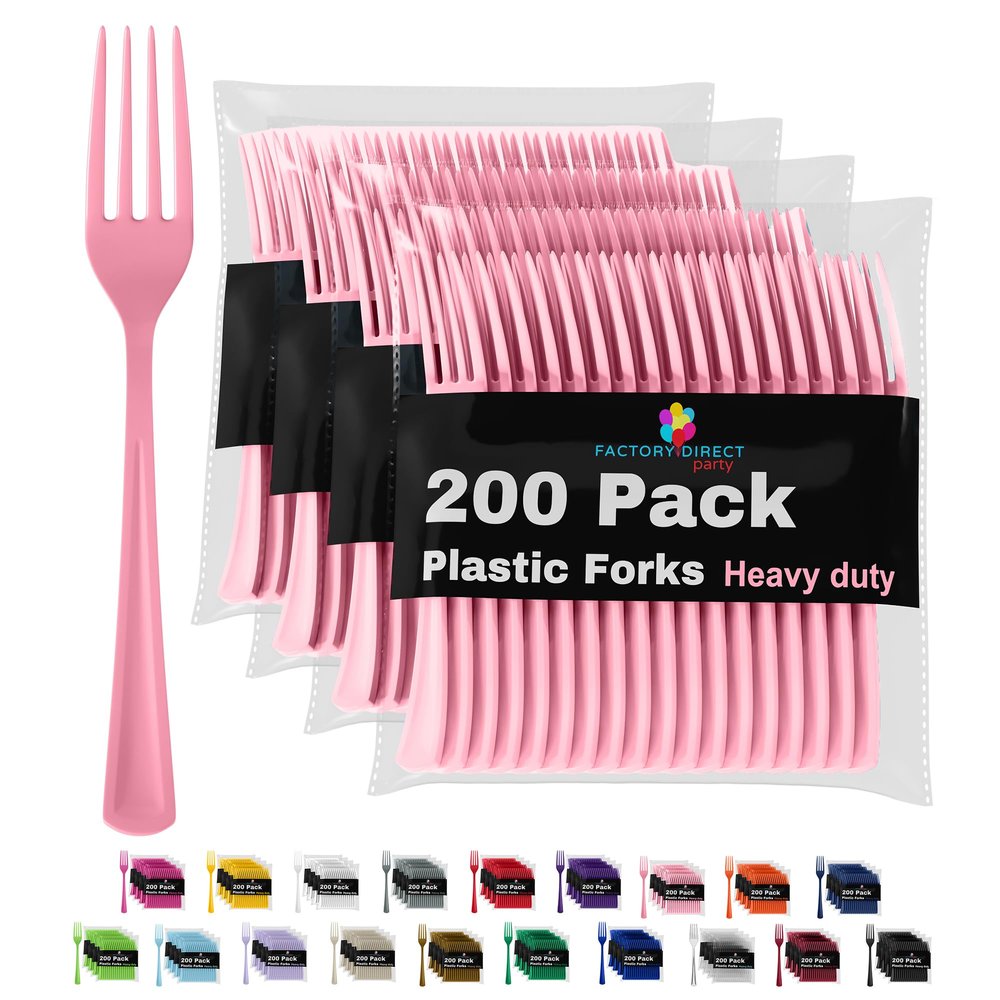 Party Solids Pink Plastic Forks 200 Pieces Pink Forks Disposable Utensils Heavy Duty Plastic Cutlery Set Disposable Cutlery Sets Flatware Sets Silverware Set Party Supplies & Party Tableware