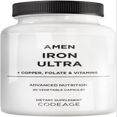 Amen Iron Ultra Supplement + Copper, Folate, Vitamin C and B12-2-Month Supply - Ferrous Sulfate Iron Vitamin - 65mg Per Serving - Folic Acid - Non-GMO Pills - 60 Capsules
