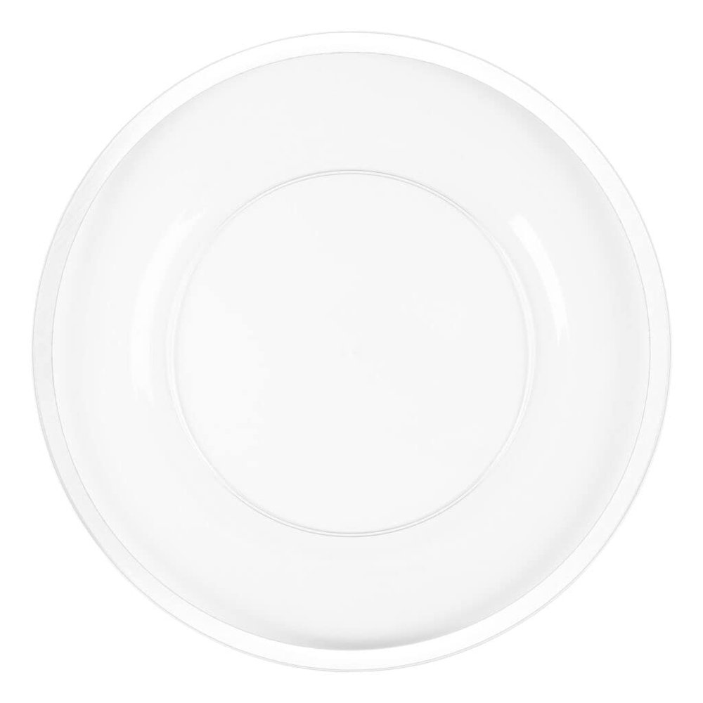 EcoQuality 13" inch Round Clear Plastic Charger Plates with White Rim - China Like Party Plates, Heavy Duty Large Disposable Dinner Plates, Reusable Salad Plate, Wedding, Catering, Events (12 PACK)