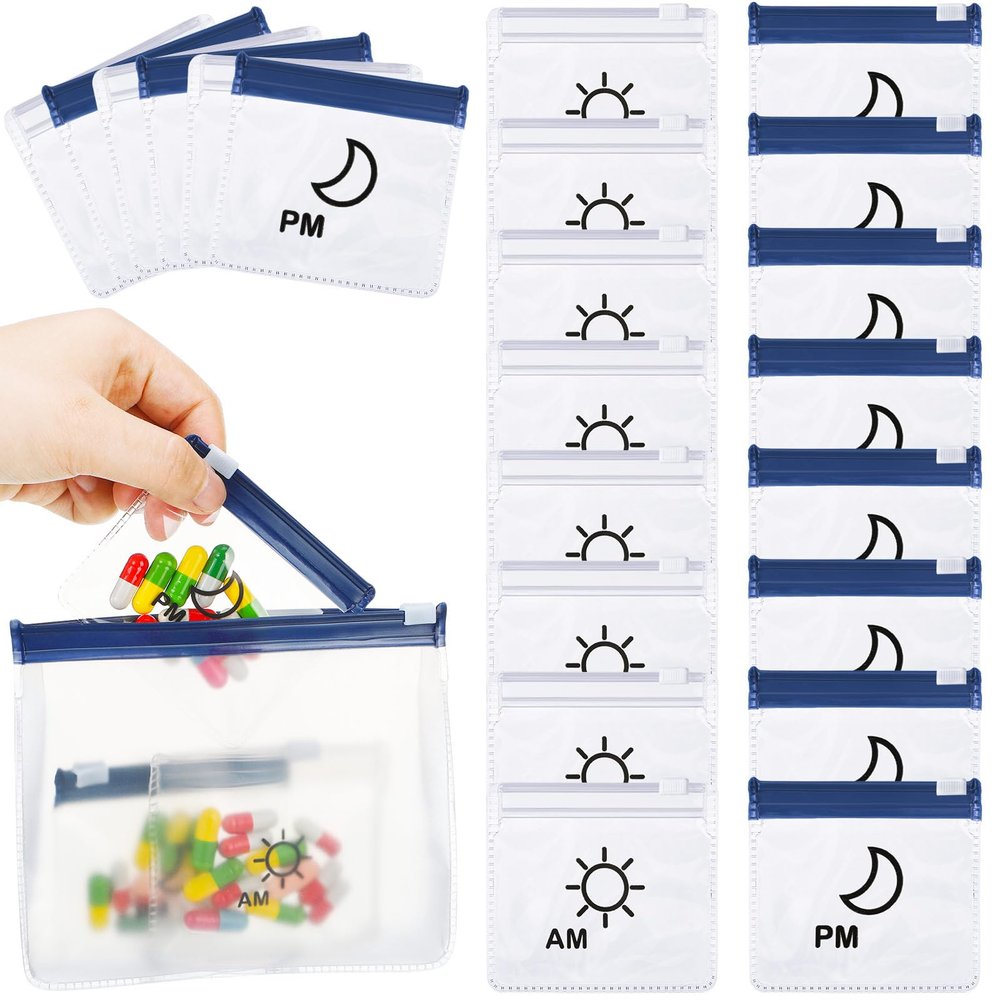 56 Pcs AM PM Pill Pouches Bags Travel Pill Bags Zippered Medicine Organizer Day and Night Pill Bag Reusable Plastic Pill Baggies with Slide Lock Monthly Pill Organizer 2 Times a Day (Clear, Blue)