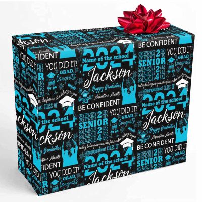 InterestPrint Personalized Name Senior Wrap Paper Customized Class of 2024 Congratulations Black Blue Wrapping Paper Roll Graduation Gift for Boys Girls Niece Friend BFF 58x23 Inch 5 Roll