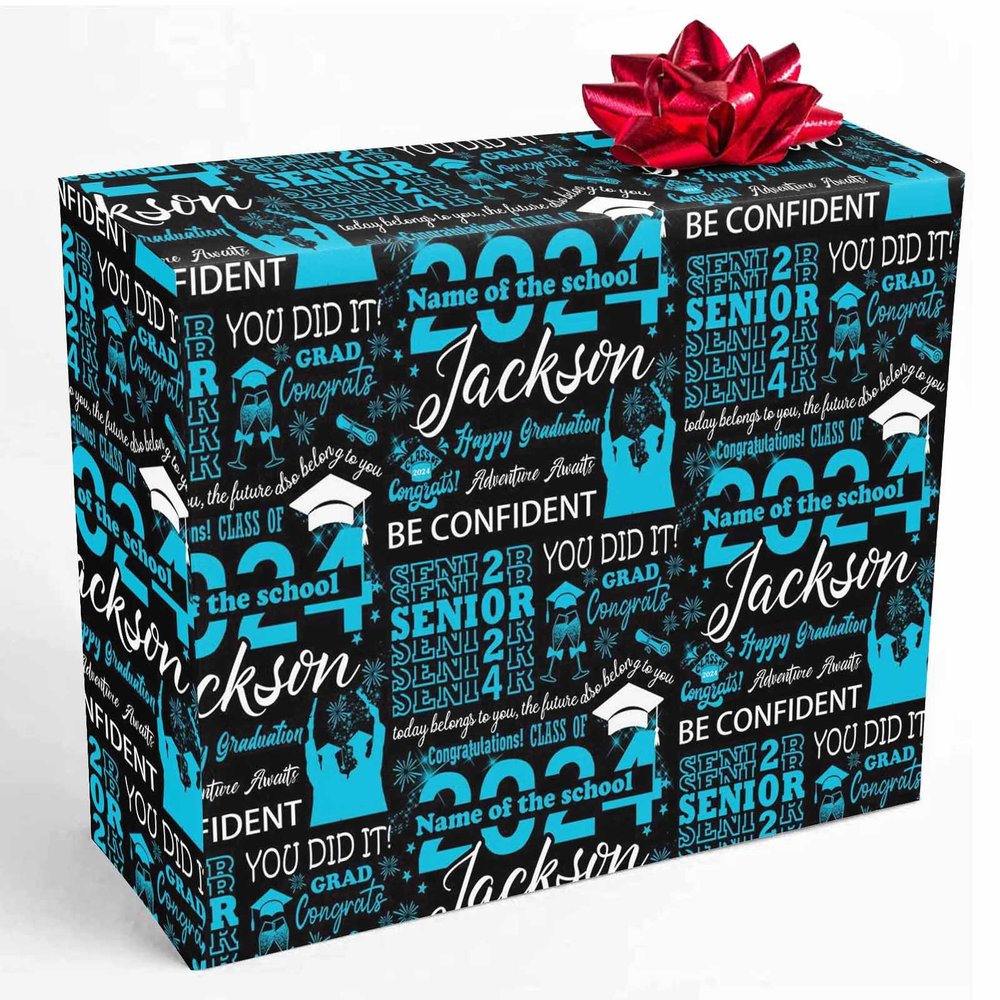 InterestPrint Personalized Name Senior Wrap Paper Customized Class of 2024 Congratulations Black Blue Wrapping Paper Roll Graduation Gift for Boys Girls Niece Friend BFF 58x23 Inch 5 Roll