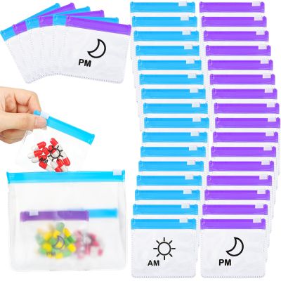 56 Pcs AM PM Pill Pouches Bags Travel Pill Bags Zippered Medicine Organizer Day and Night Pill Bag Reusable Plastic Pill Baggies with Slide Lock Monthly Pill Organizer 2 Times a Day (Blue, Purple)