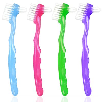 Geodurn 4 Pieces Denture Brush, Small Toothbrush for Dentures, Multi-Layered Bristles Ergonomic Rubber Handle for False Teeth Cleaning