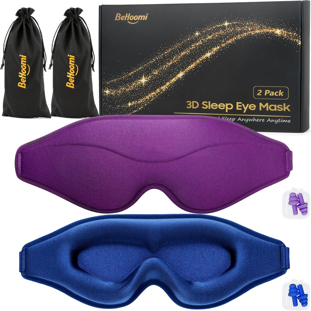 BeHoomi Sleep Mask, 2 Packs Premium Eye Mask for Sleeping, Total Blackout, Superior Soft Comfort, Upgraded 3D Ergonomic Designed Sleeping Mask for Home, Office, Travel, Meditation, Yoga, Blue & Purple