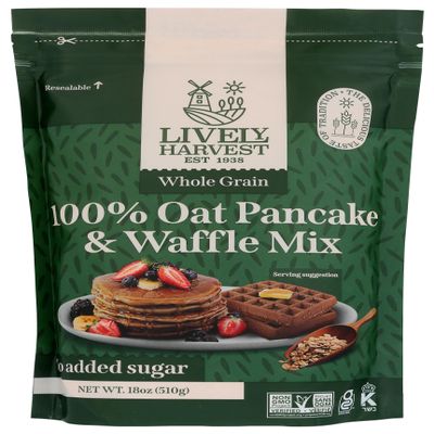 Lively Harvest 100% Oat Pancake & Waffle Mix, Whole Grain, 18 Ounce Resealable Pouch (Pack of 6)