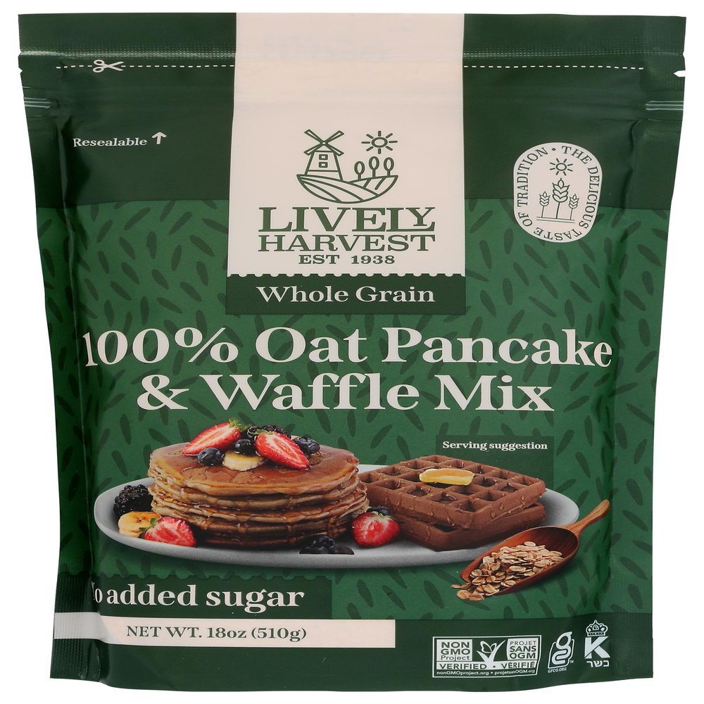 Lively Harvest 100% Oat Pancake & Waffle Mix, Whole Grain, 18 Ounce Resealable Pouch (Pack of 6)