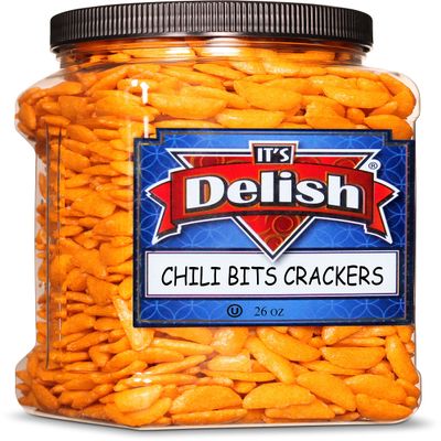 Oriental Chili Bits Rice Crackers by Its Delish, 26 OZ Jumbo Container | Crunchy and Spicy Asian Crescent Cracker Snack Bites - Awesome for Snacks and Salad Topping | Vegan & Kosher