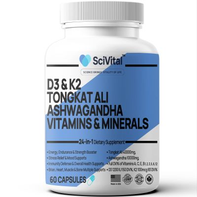 SciVital Ashwagandha 10000mg Tongkat Ali 40000mg Supplement with Multivitamin D3 K2 - Men's Health & Stress, Mood, Energy, Endurance Support - Ashwagandha Capsules Tongkat Ali for Men USA - 60 Count
