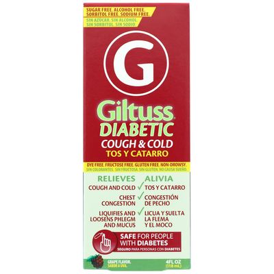 Giltuss Diabetic Cough and Cold Syrup, Non-Drowsy Formula, Helps with Chest Congestion, Safe for People with Diabetes, Fructose Free, Grape Flavor, 4 Fl Oz, Bottle