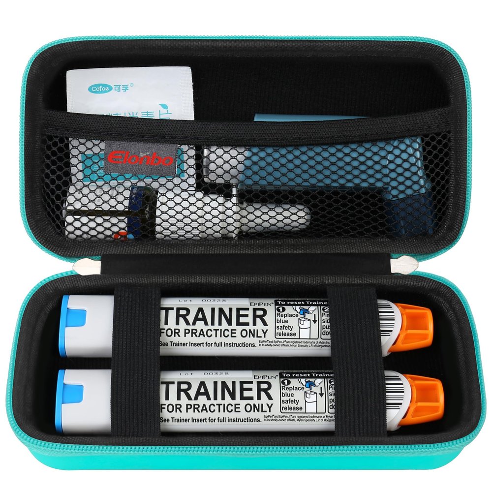Elonbo EpiPen Carrying Case, Epi Pens Hard Carrying Case for 2 Epi Pens or Auvi Q, Ventolin Inhaler,Travel Medicine Kit, Nasal Spray Allergy Meds Organize Holder Bag, Green