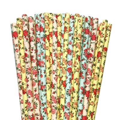 100 pcs Mixed Party Paper Straws Bulk, Vintage Light Pink Blue Yellow Red Rose Floral Drinking Straws Bulk, Valentine Retro Bridal Shower Wedding Tea Garden Cake Pop Sticks (Vintage Flower)
