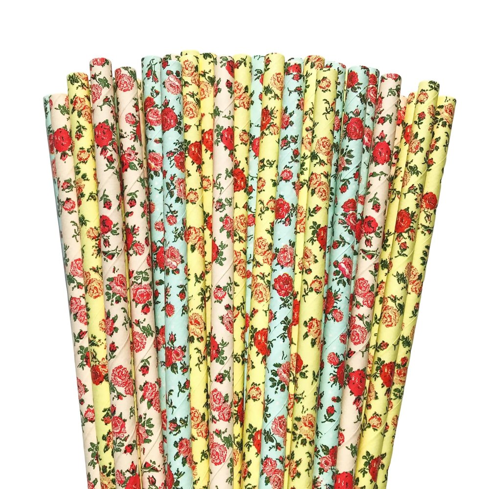 100 pcs Mixed Party Paper Straws Bulk, Vintage Light Pink Blue Yellow Red Rose Floral Drinking Straws Bulk, Valentine Retro Bridal Shower Wedding Tea Garden Cake Pop Sticks (Vintage Flower)