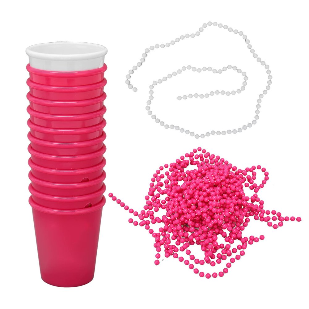12 Pcs Bride Shot Glass Necklace Plastic Necklace Shot Glasses on Beaded with Gold Foil for Bachelorette Party and Bridal Shower,Pink and White