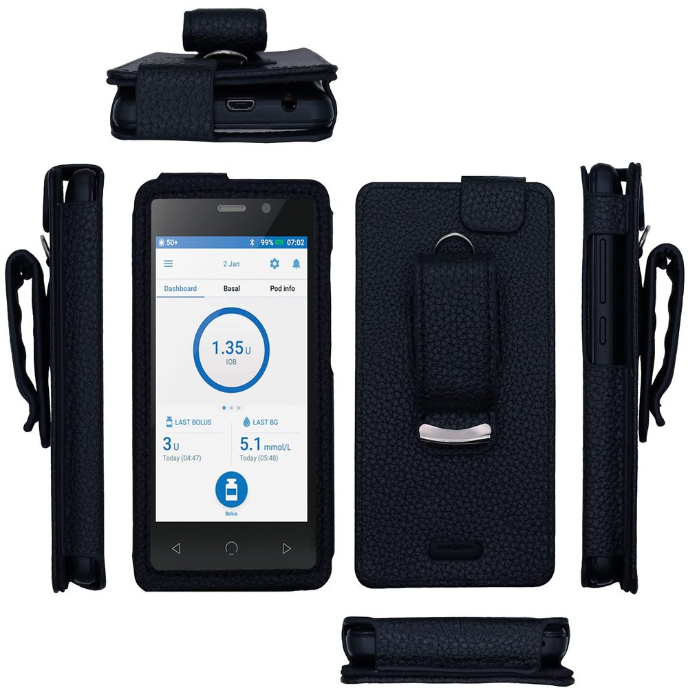 Premium Fitted Leather Case with Screen Protector, Belt Clip,Carabiner (Including a Neck Lanyard) for Omnipod Dash PDM (Omnipod Personal Diabetes Manager) (Vertical-Black)