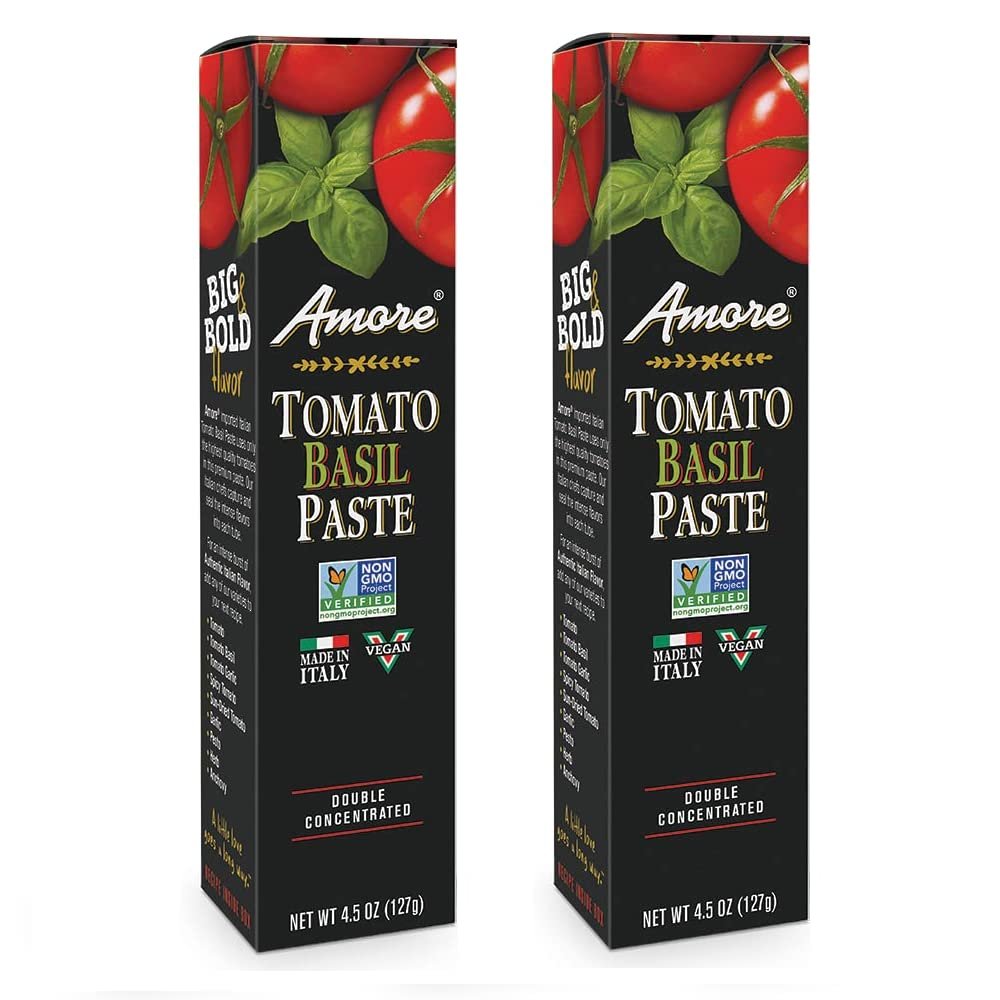 Amore Vegan Basil Tomato Paste In A Tube (4.5oz) - Non GMO Certified and Made In Italy (2 pack)