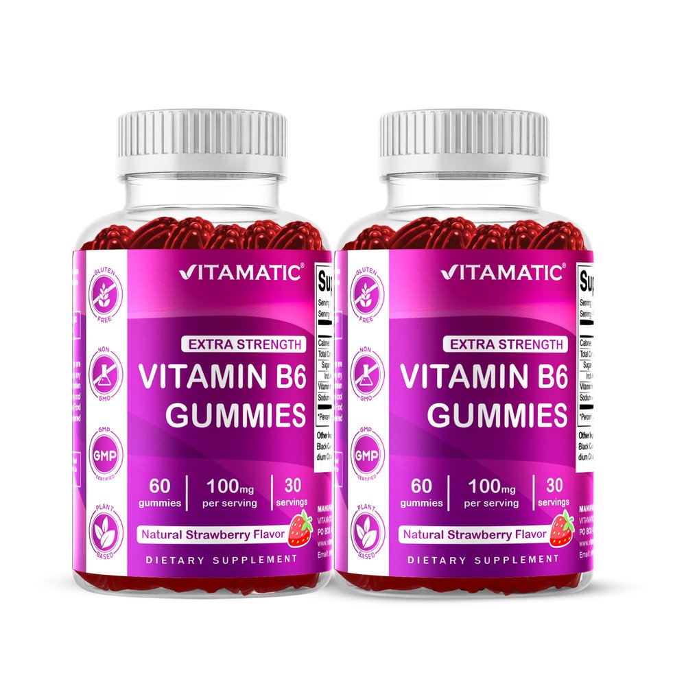 Vitamatic 2 Packs Vitamin B6 100mg Gummies Natural Strawberry Flavor 60 Pectin-Based Gummies per Bottle Nervous System & Energy Support