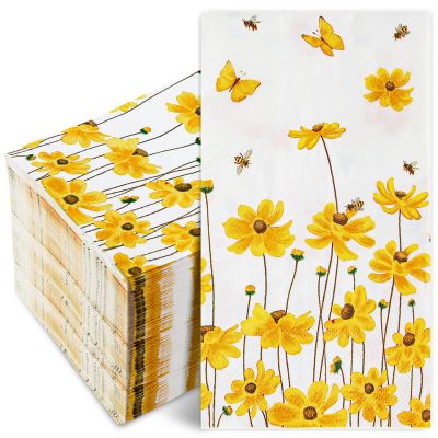 AnyDesign 80 Pack Calliopsis Guest Napkins Spring Summer Flower Bee Disposable Paper Napkins Yellow Floral Dinner Hand Napkins for Home Kitchen Wedding Birthday Party Supplies, 13 x 15.7 Inch